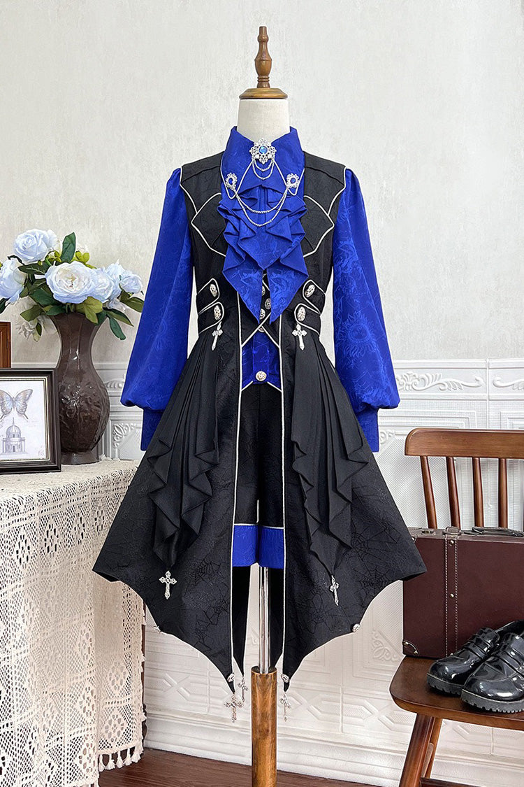 Black/Blue Courtly Knight-Style Long Sleeves Ruffle Embroidery Prince Ouji Lolita Set