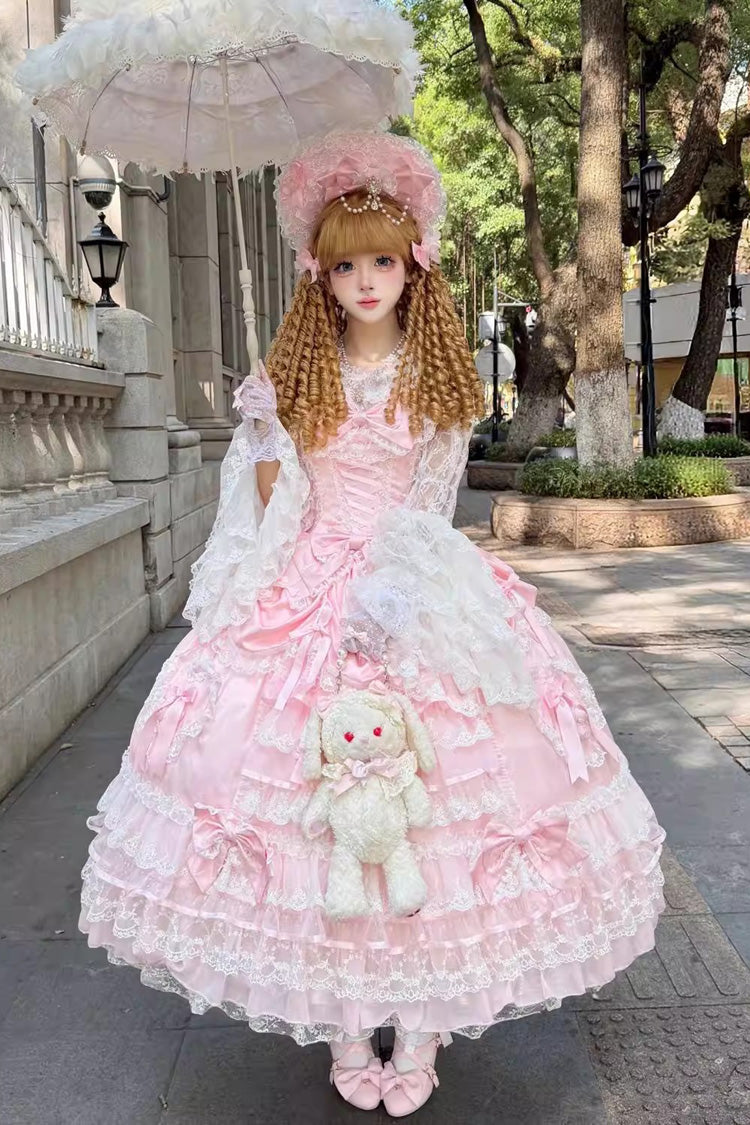 ピンク【カーテンの頌歌】多層フリル花嫁前開きリボンレース編み上げスイートロングロリータJSKドレス