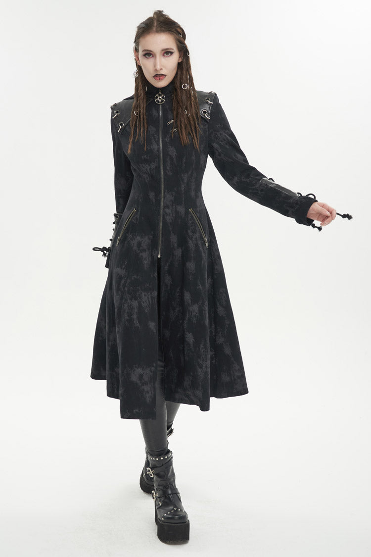 Black Faux Leather Splice With Hood Irregular Pattern Print Long Women's Punk Coat