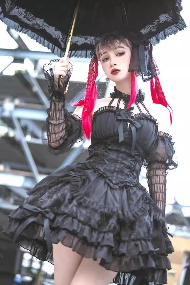 Dark Black Tube Top Sleeveless Blowknot Ruffled Gothic Lolita Tiered Dress