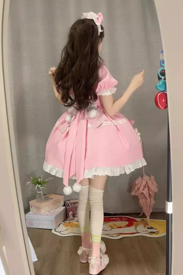 Pink Square Collar Print Doll Party Detachable Sleeves Ruffle Bowknot Sweet Princess Lolita Dress