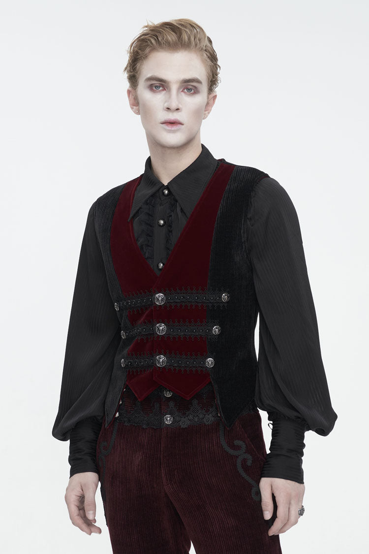 Black/Red Irregular Velvet Splice Corduroy Men's Gothic Waistcoat