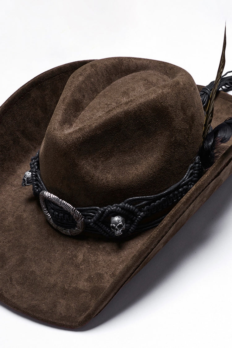 Brown Tassels Feather Skull Men's Punk Hat