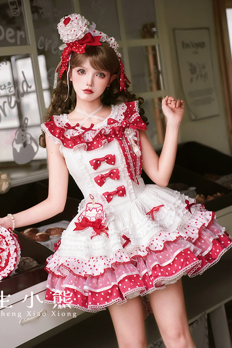 Red/White [Twin Bears] Sleeveless Triple-Layered Print Ruffle Bowknot Lace Sweet Lolita Jsk Dress
