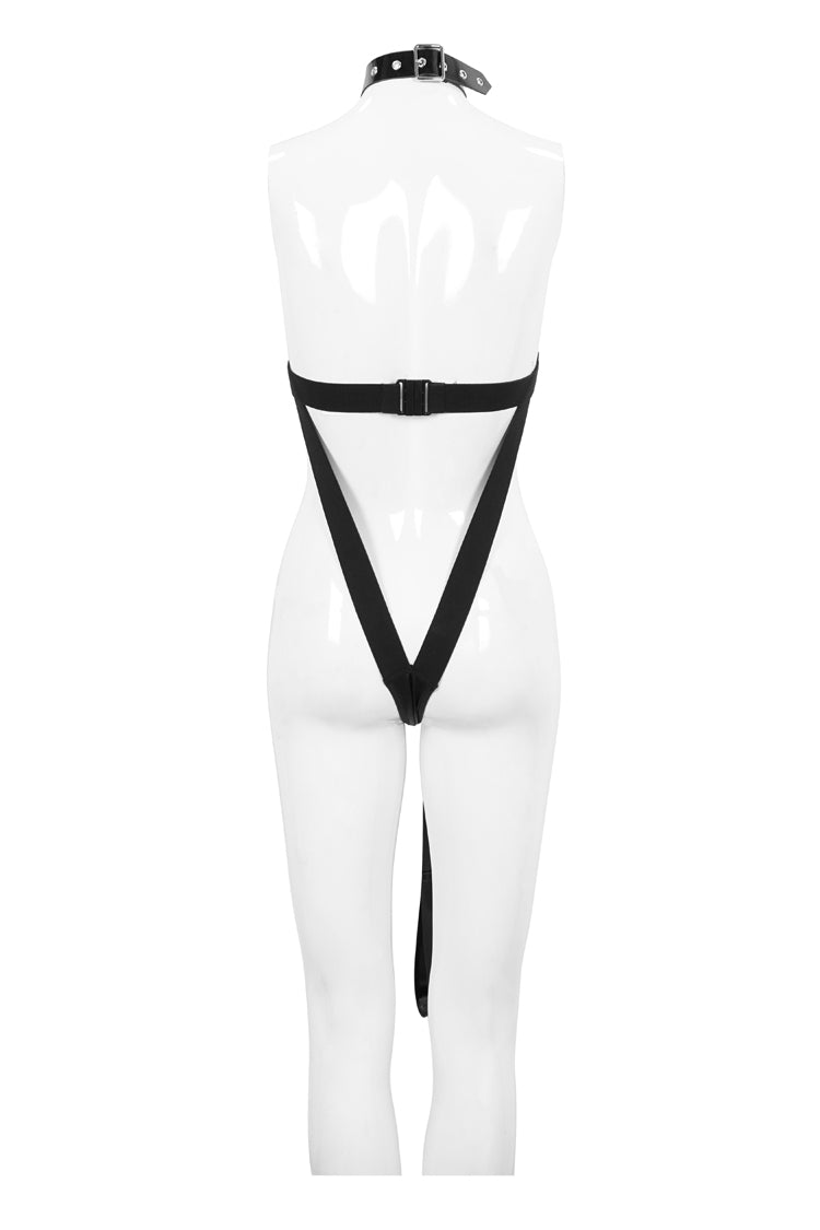 Black Sexy Leather Neck Ring Metal Rivets Fishnet Women's Punk Underwear