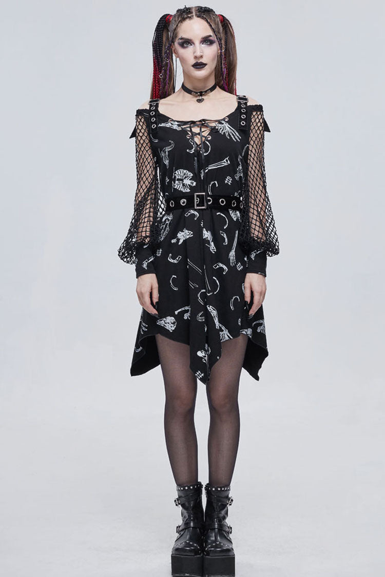 Black Gothic Knit Bone Print Sling Metal Grommet Strap Design Long Sleeve Women's Dress