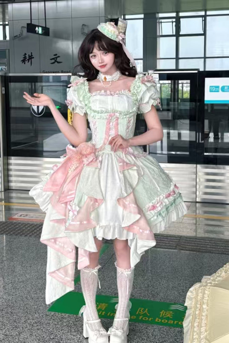 [Spring Overture] Square Collar Short Sleeves Ruffle Cardigan Bowknot Lace Sweet Elegant Lolita Skirt Set 4 Colors