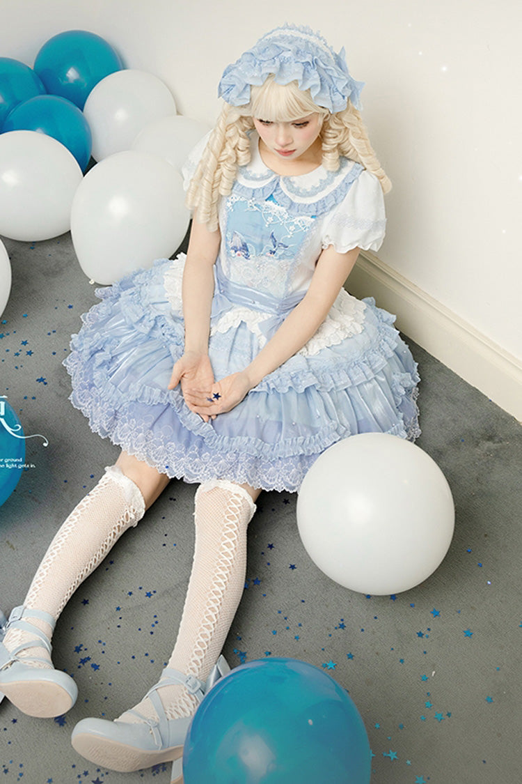 Robe Lolita douce à volants triples brodés à manches courtes avec col à revers bleu [baleine] 