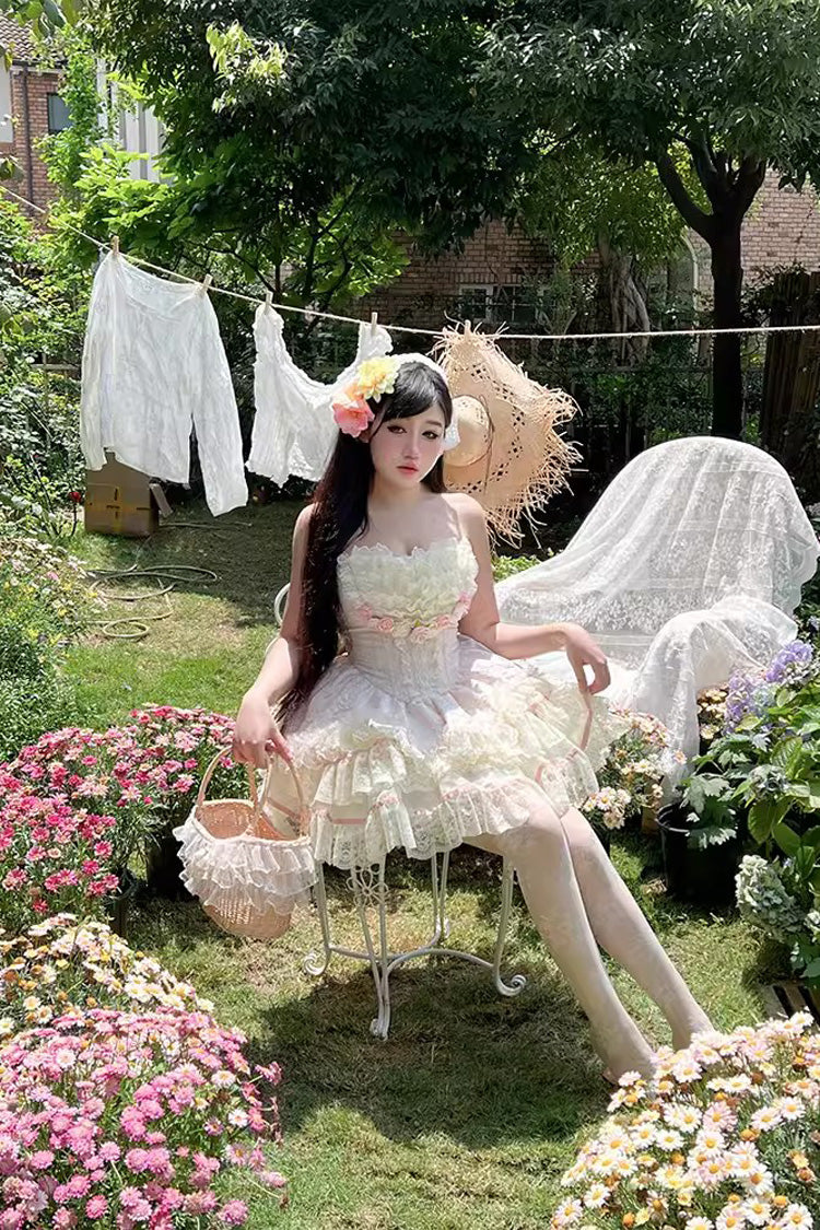 Pink Flower Goddess of Love Ruffle Bowknot Lace Sweet Elegant Lolita Skirt Dress Set