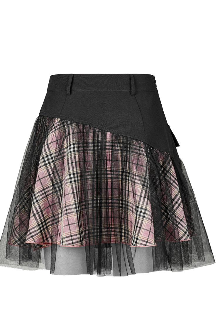 Pink/Black Cotton Splicing Mesh Sweet Plaid Personalized Pocket Decoration Waist Punk Women's Short Skirt