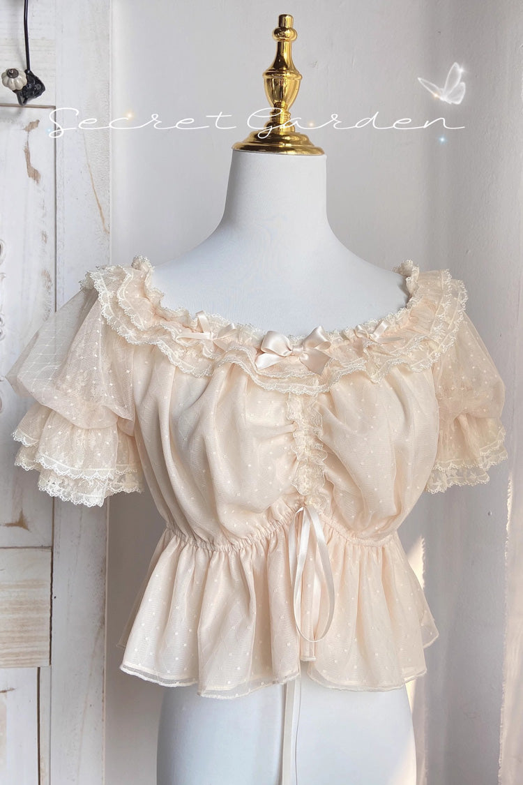 [Cream Point] Short Sleeves Embroidery Bowknot Lace Sweet Lolita Blouse