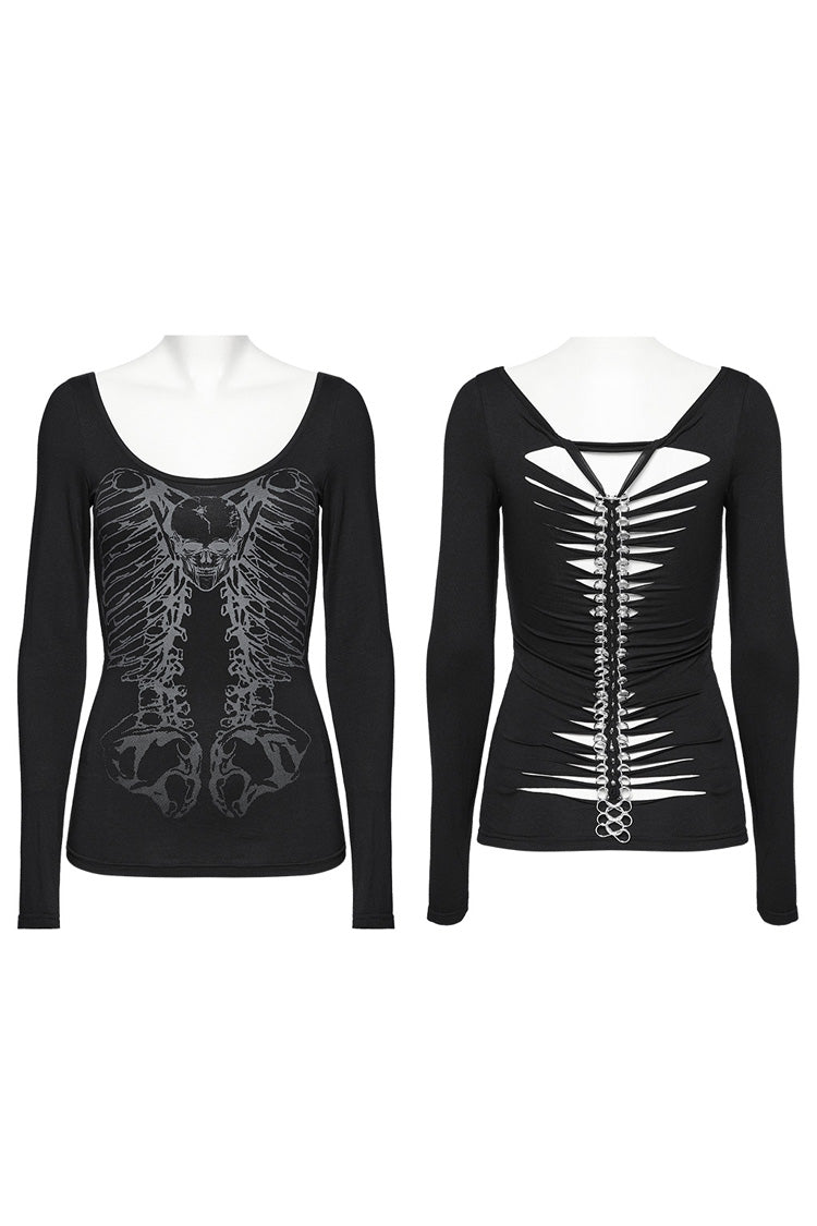 Black Long Sleeves Skeleton Print Women's Gothic T-Shirt