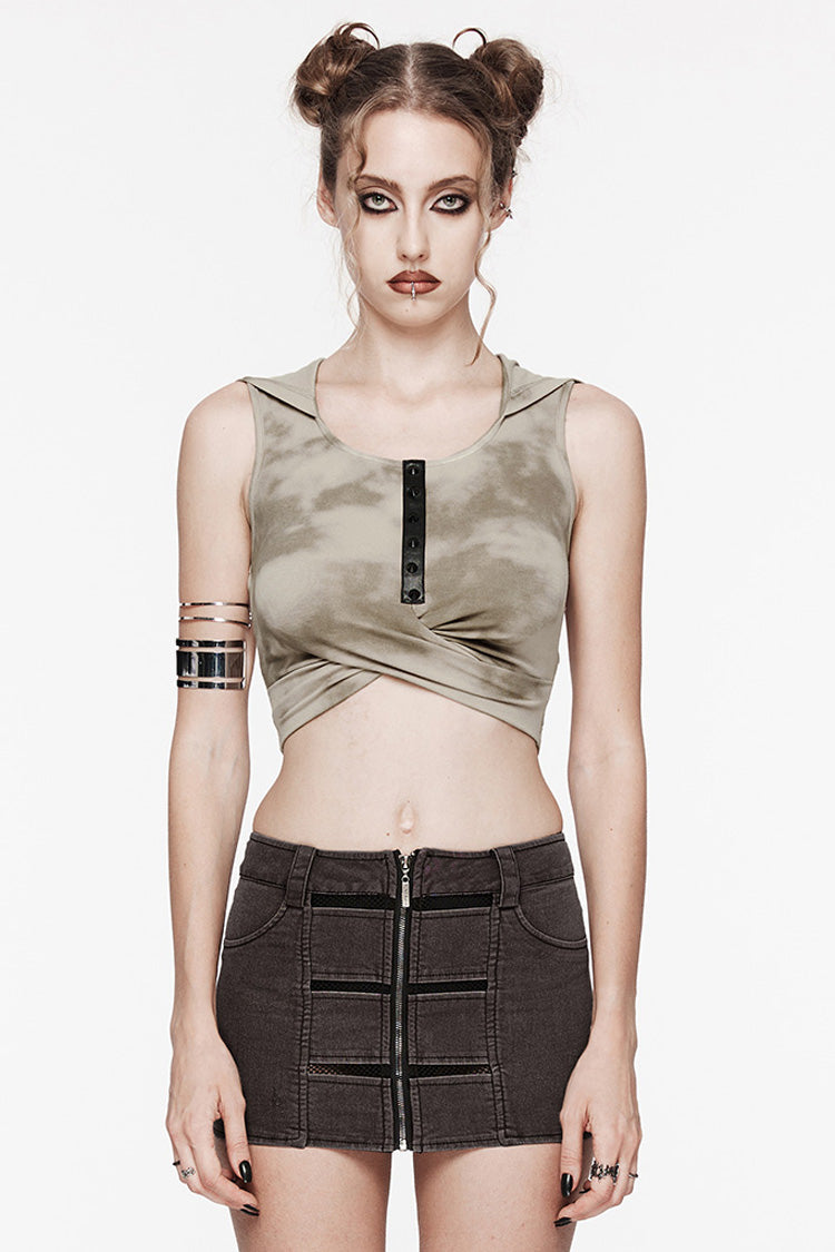 Schwarzes/kaffeefarbenes ärmelloses Punk-Tanktop für Damen mit Cut-outs und gekreuzter Kapuze
