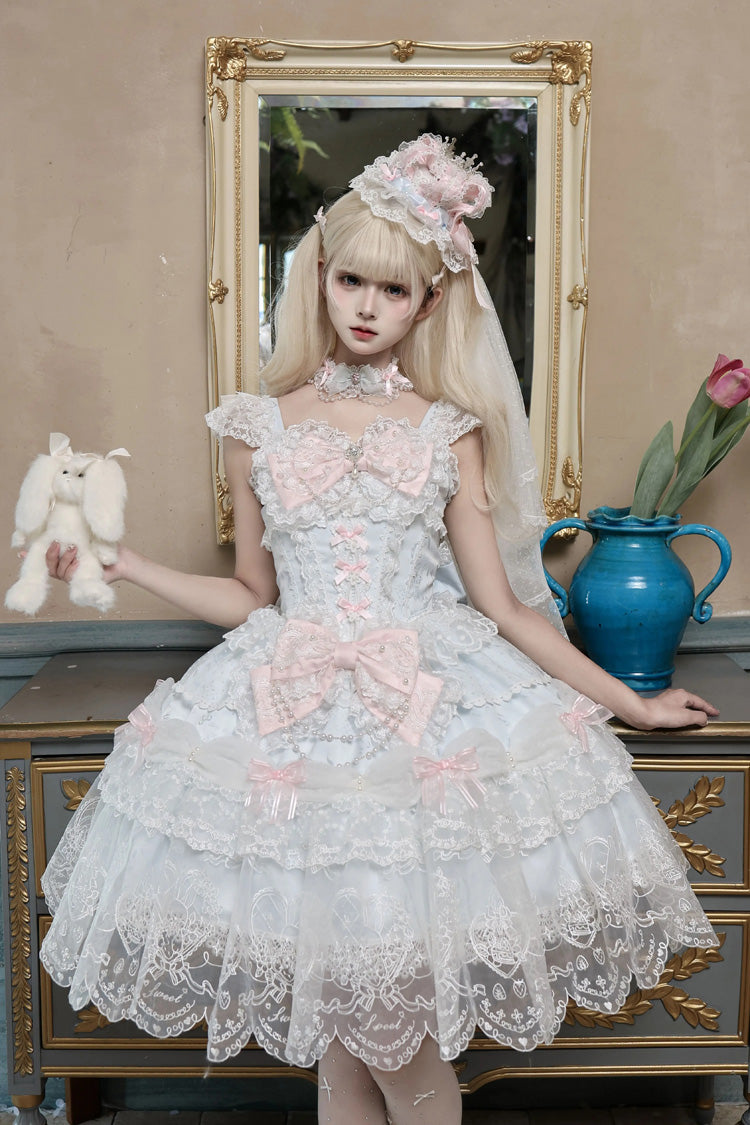 Bleu [Bunny Dream Letter] Col Carré Manches Flutter Jacquard À Volants Noeud Dentelle Douce Princesse Balletcore Lolita Jsk Robe