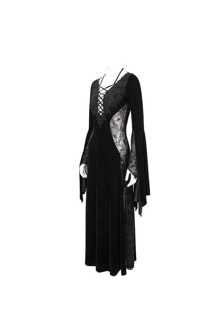 ブラック ベルベット メッシュ スプライス ロング レディース ゴシック ドレス