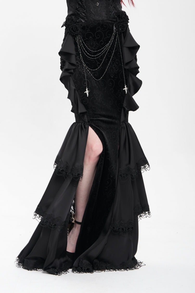 Black Floral Print Lace-Up Rose Chain Women's Gothic Fishtail Skirt