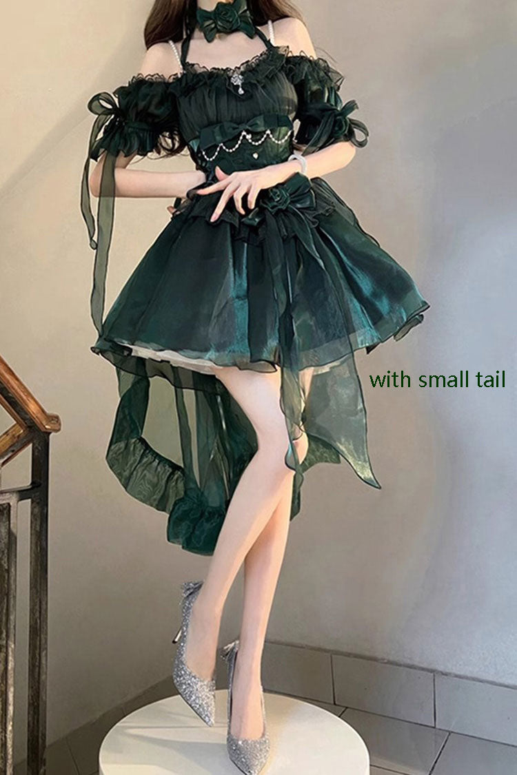 Green Midsummer Dream Short Sleeves Ruffle Hanayome Off-The-Shoulder Gothic Short Lolita Dress
