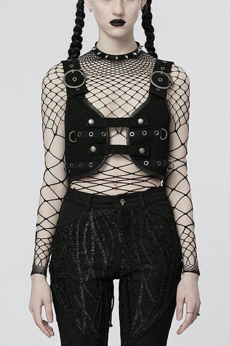 Schwarze verstellbare Steampunk-Weste für Damen mit Schlangenschnalle aus Metall