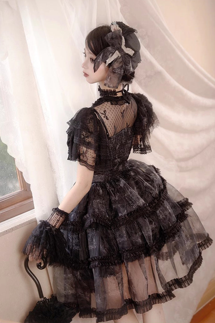 Black Multi-layer Butterfly Print Bowknot Lace Fish Bone Gothic Lolita Jsk Dress