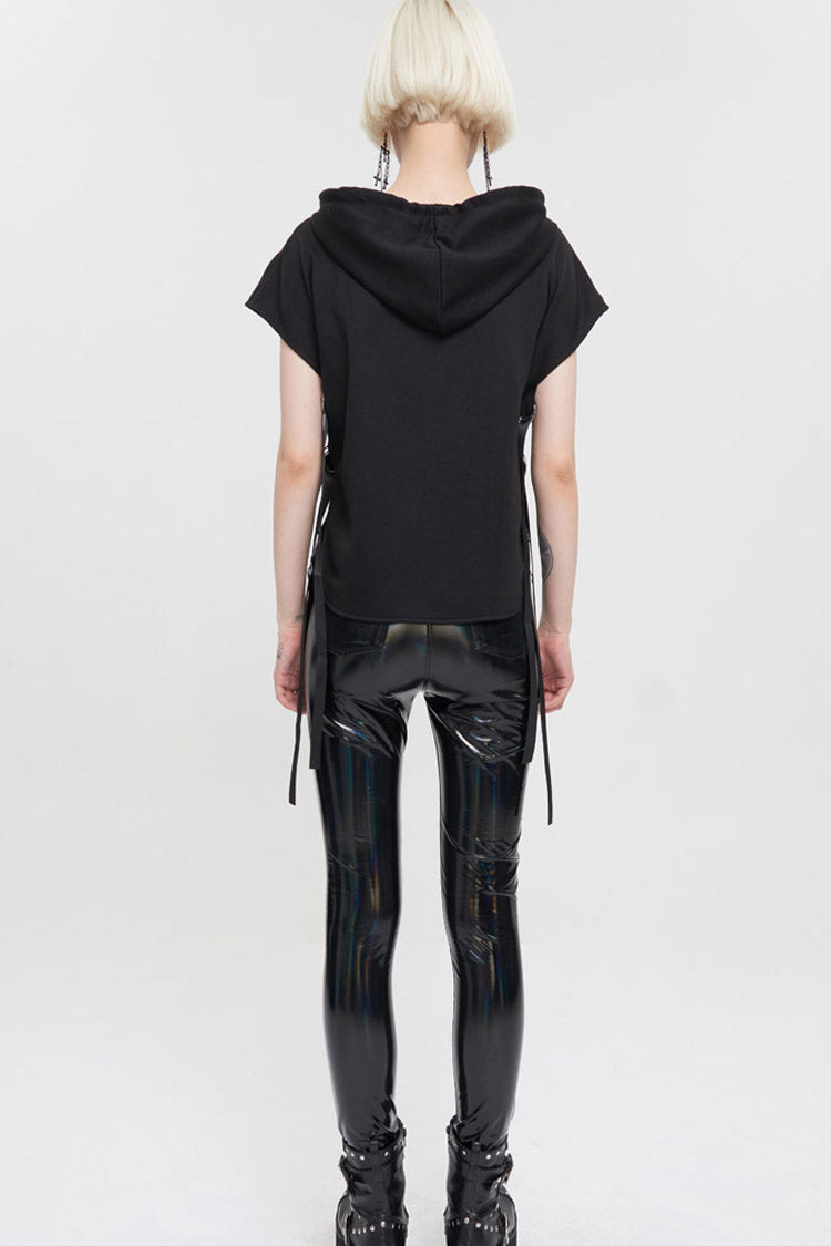 Black Short Front Long Back Stitched Shiny Leather Inverted Pentagram Shape Hoodie Short Sleeve Women's Punk T-Shirt