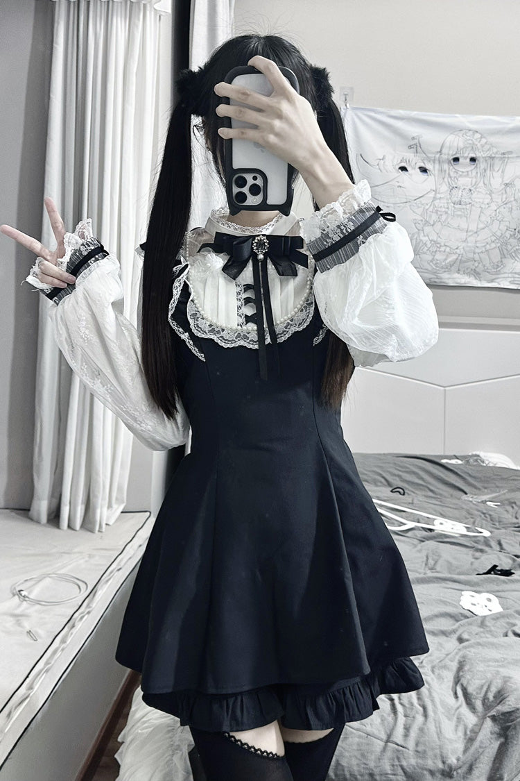 [First Love Contract] Print Bowknot Lace Gothic Jirai Kei Dress Set 4 Versions