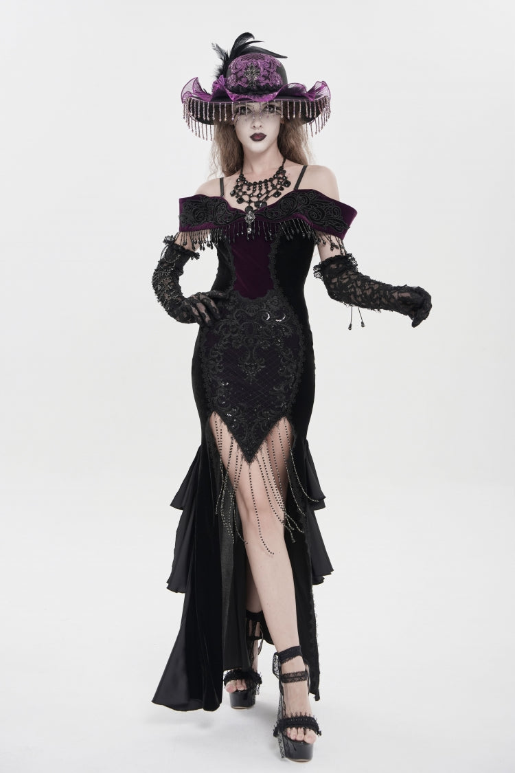 Black/Purple Off Shoulder Sleeveless Embroidered Lace Slim Women's Gothic Gorgeous Strapless Dress