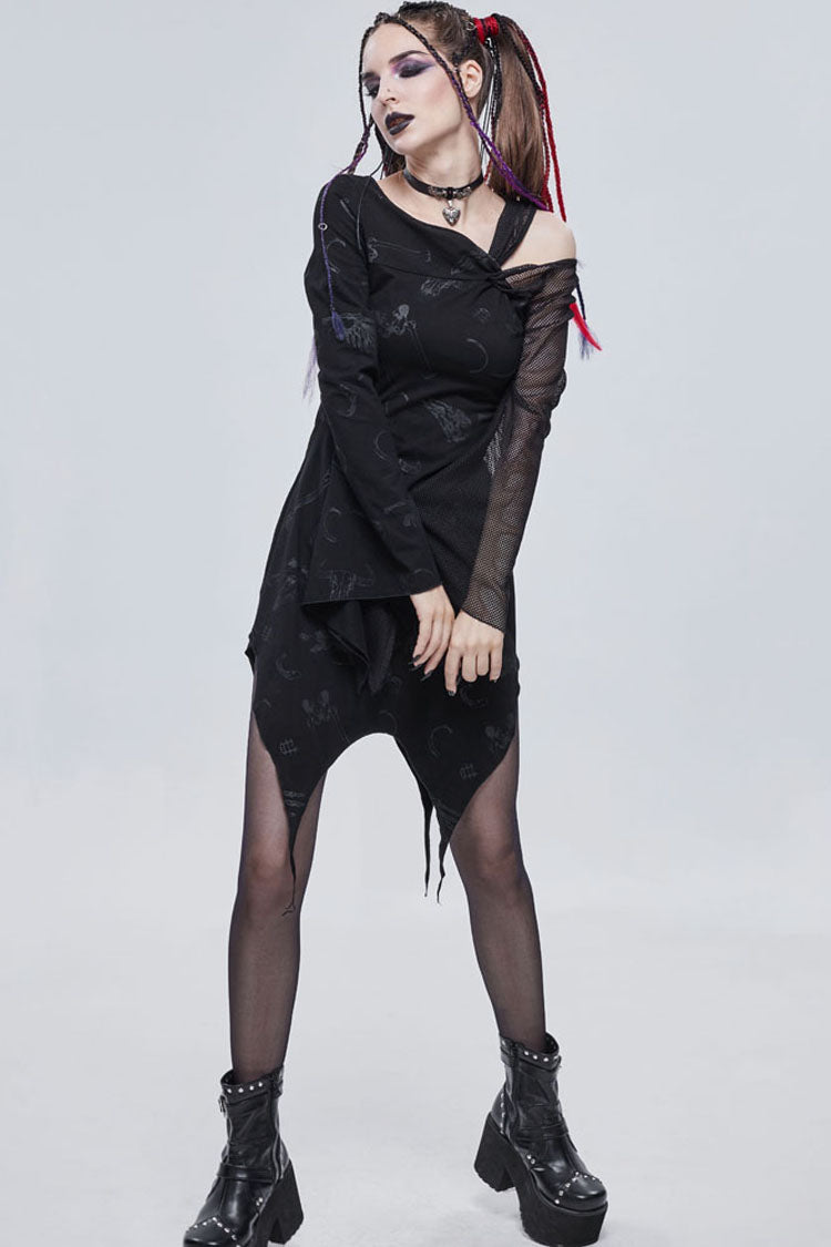 Black Gothic Off-The-Shoulder Graphic-Print Asymmetric Design Splicing Mesh Women's Dress