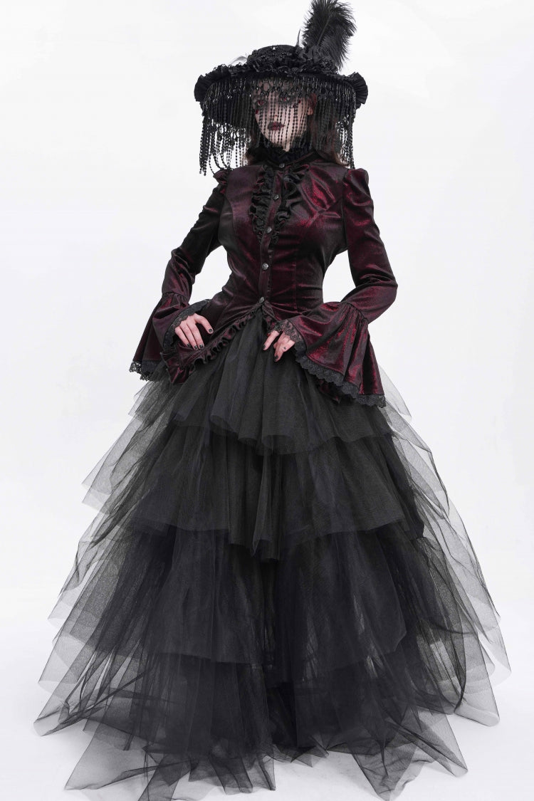 Red Stand Collar Long Trumpet Sleeves Ruffle Swallow-tailed Women's Gothic Blouse