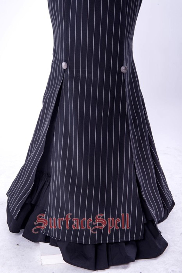 Black [Lorelei] Double-Layered Striped Print Ruffle Gothic Elegant Lolita Mermaid Maxi Skirt