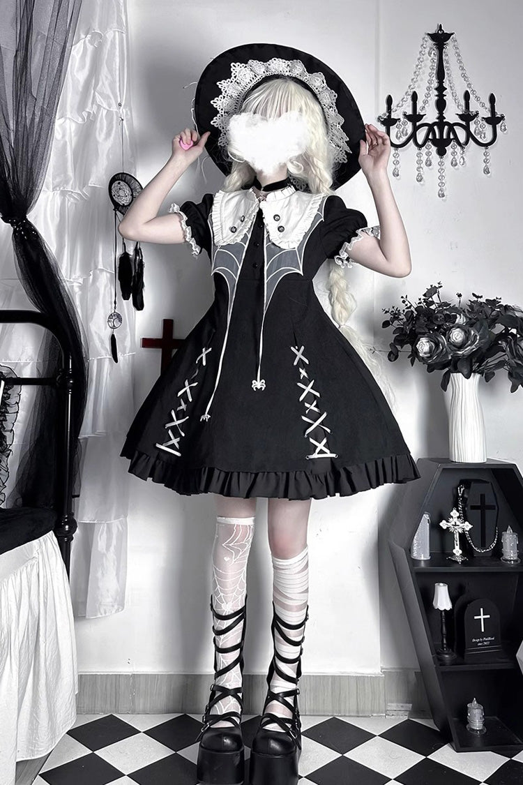 Schwarzes Gothic Lolita Kleid mit Rüschen und Spinnenhexen-Print