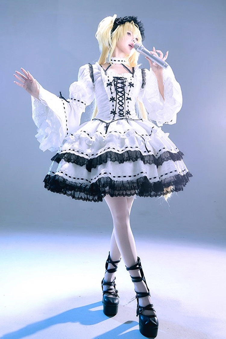 White [Witch] Long Trumpet Sleeves Double-Layered Ruffle Bowknot Lace-Up Gothic Lolita Skirt Dress Set