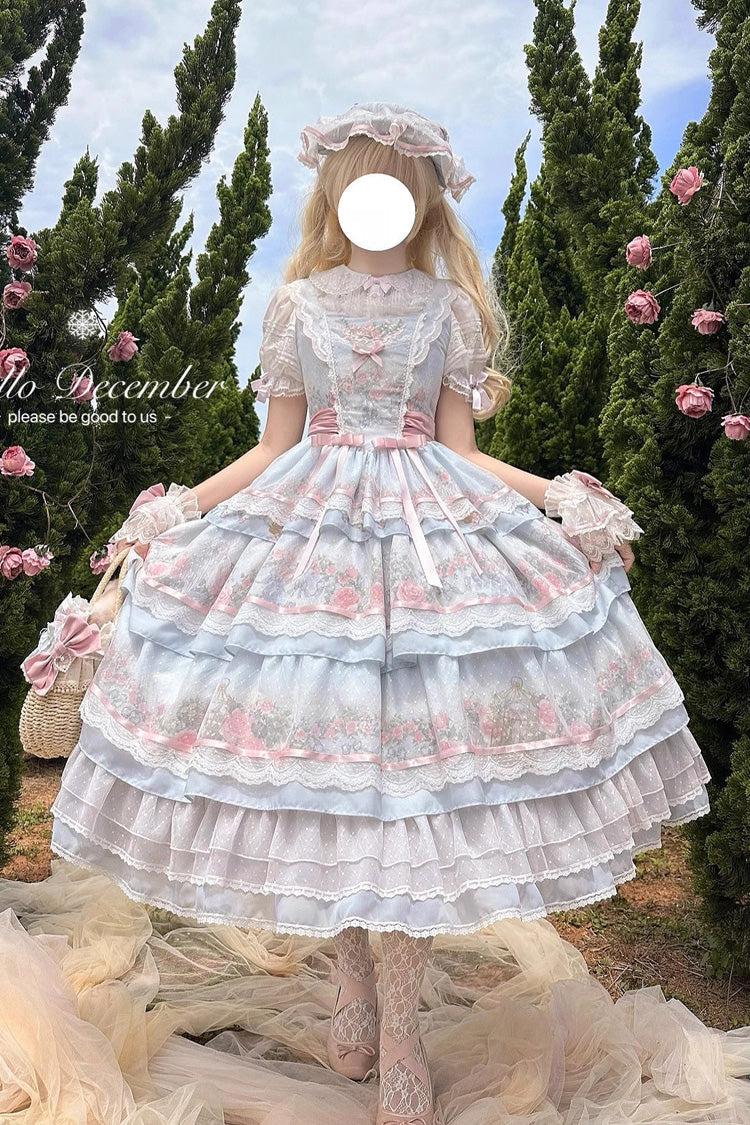 Multi-Color [Rose Flower Cage] Print Triple-Layered Ruffle Bowknot Sweet Elegant Lolita Jsk Dress
