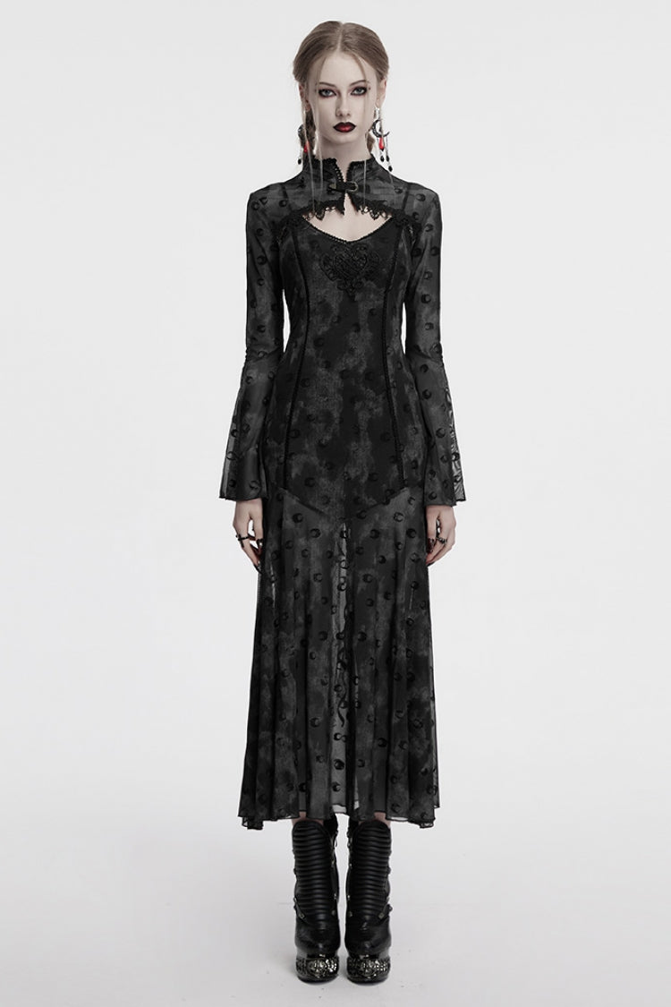 Grey Long Sleeves Print Hollow Mesh Women's Gothic Slip Dress with Cape