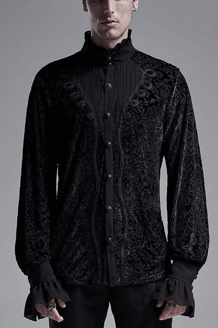 Black High Collar Lantern Sleeve Front Metal Retro Button Flounce Cuff Velveteen Knit Men's Gothic Shirt