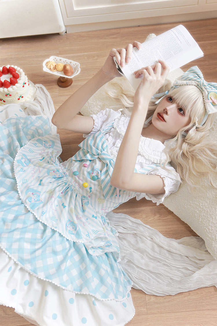 Blue [Hatsune Miku] Sleeveless Triple-Layered Print Bowknot Sweet Lolita Jsk Dress