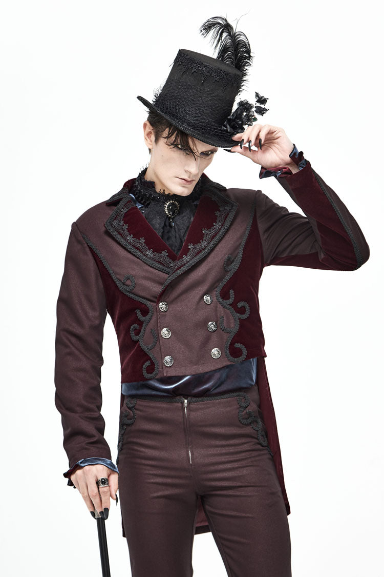 Red Front Floral Webbing Metal Retro Button Weft Velveteen Men's Gothic Tailcoat