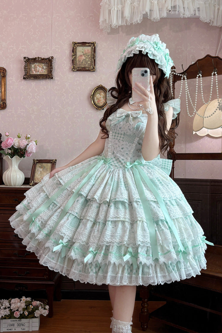 Green [Flower’s Tale] Square Collar Flutter Sleeves Multi-Layered Printed Bow Lace Slim Fit Sweet Lolita Dress