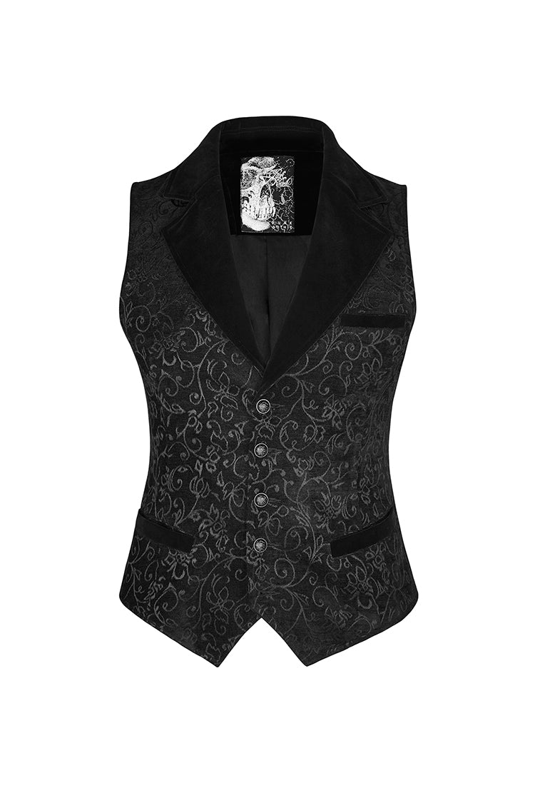 Black Jacquard Velvet Gothic Vintage V Collar Print Mens Vest