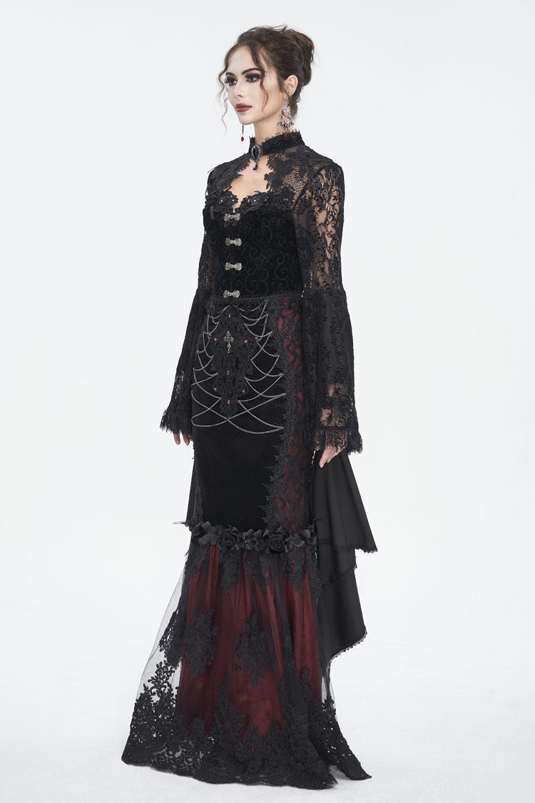 Schwarze Gothic-Bluse mit langen Trompetenärmeln und Spitzennähten für Damen