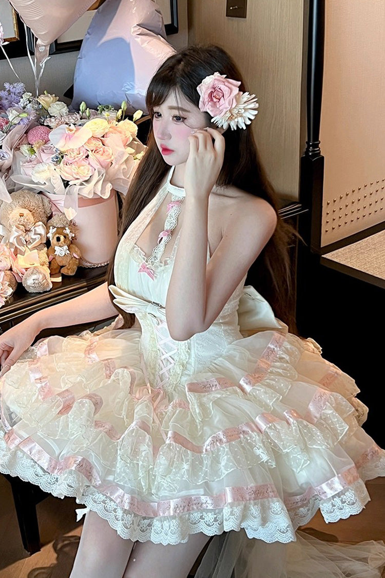 Robe Lolita Beige [Ballet Dream] à col licou avec volants à trois couches, nœud papillon et laçage, style princesse douce 