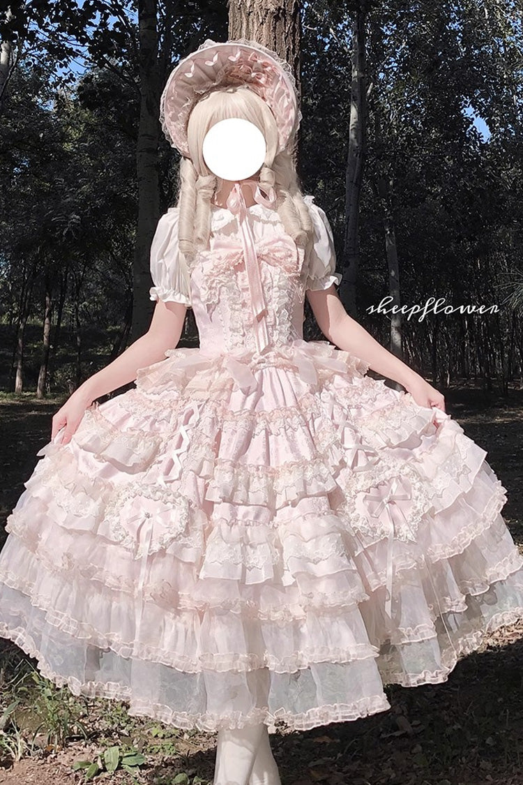 Pink [Sweetheart Diary] Multi-Layered Ruffle Hanayome Embroidery Bowknot Lace Sweet Lolita Jsk Dress