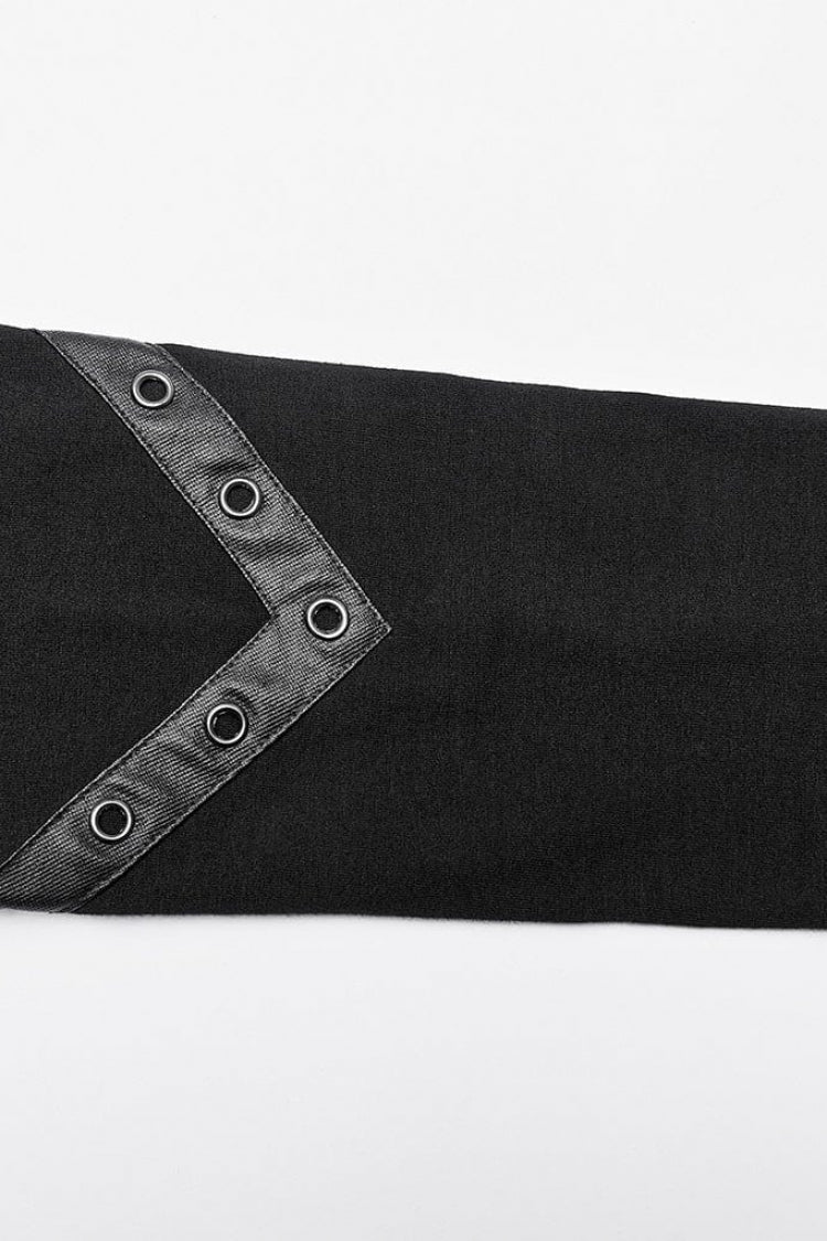 ブラック スタンド カラー 長袖 リッピング メタル チェーン メンズ スチームパンク T シャツ