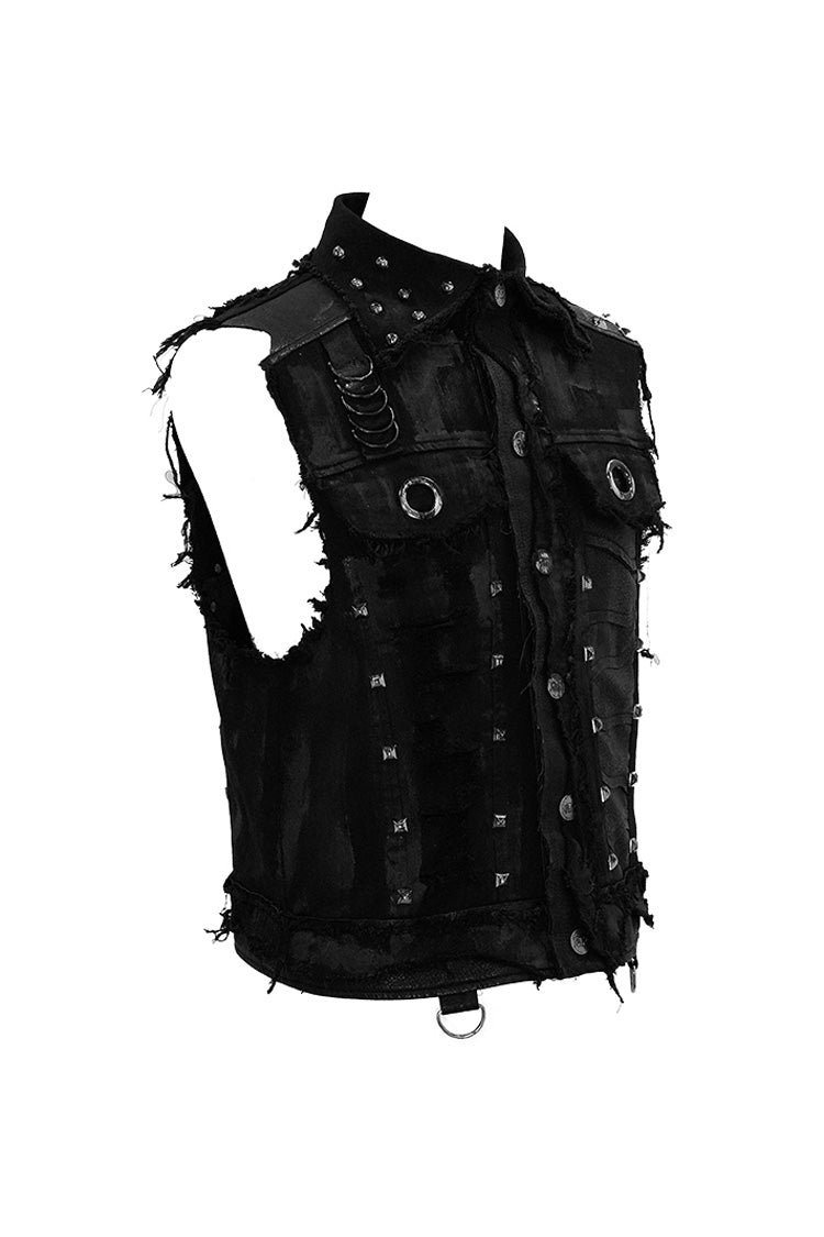 Black Heavy Metal Rivet Back Printed Coarse Twill Worn Out Men's Punk Waistcoat