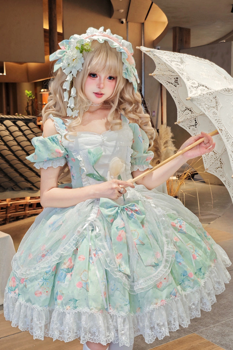 Green [Tulip's Letter] Off Shoulder Short Sleeves Print Ruffle Bowknot Lace Sweet Elegant Lolita Dress