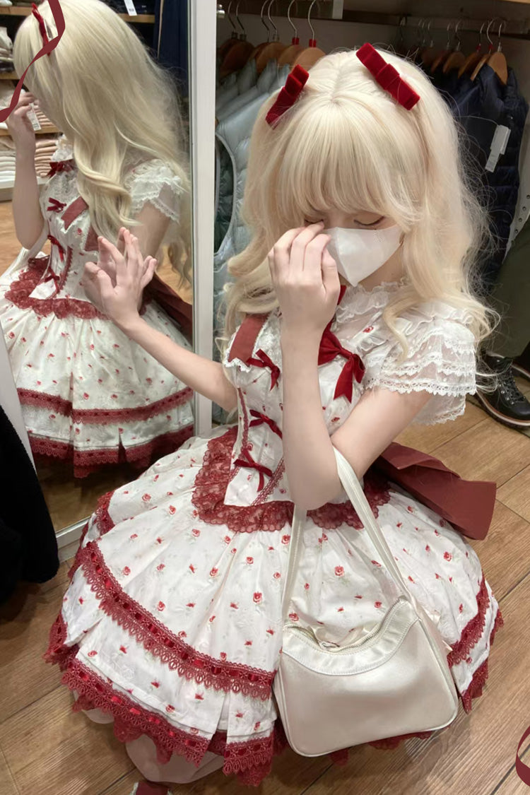 ワインレッド [ファーストラブローズ] 多層プリント フリル ボウノット レース スイートロリータ ジャンパースカート ドレスセット 