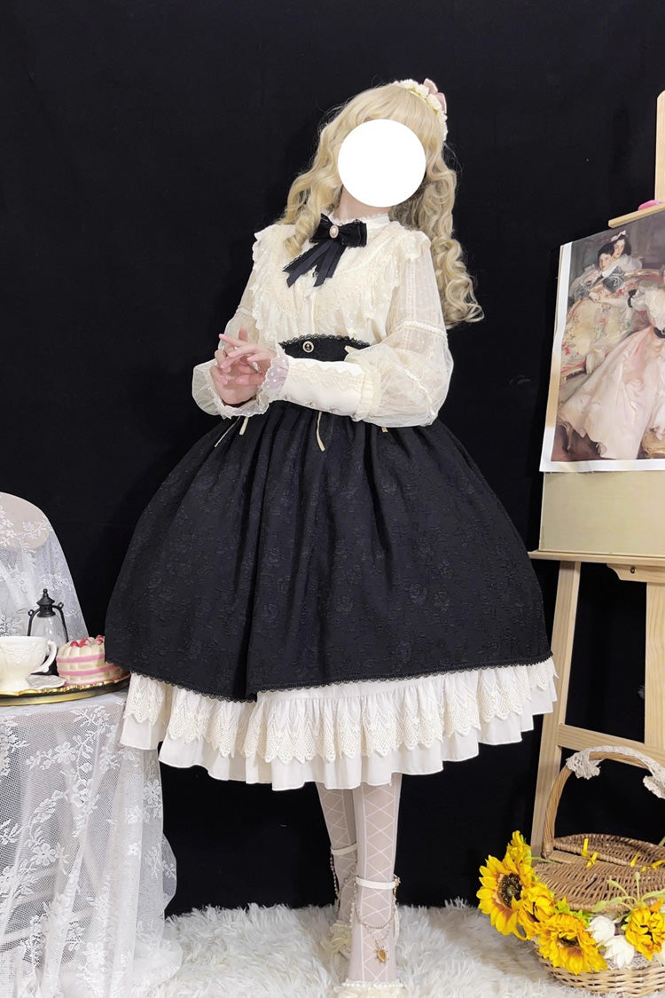 Black [Heart of Rose] High Waisted Ruffle Embroidery Lace-Up Sweet Vintage Elegant Palace Lolita Skirt