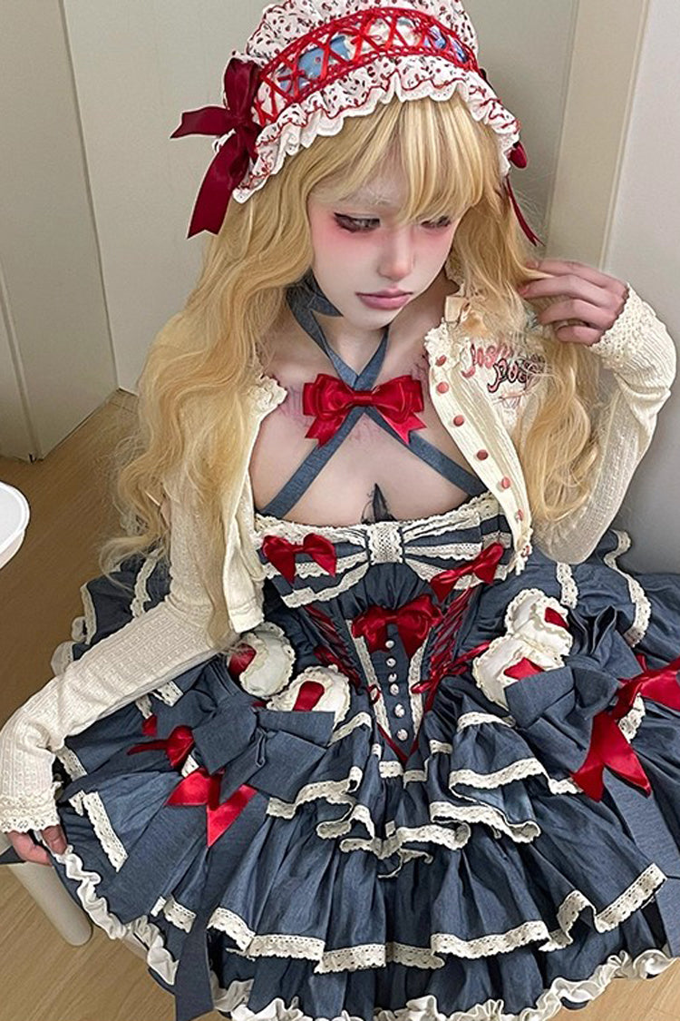 Blue [Milk Rabbit Theater] Halterneck Sleeveless Triple-Layered Ruffle Bowknot Lace-Up Sweet Lolita Jsk Dress