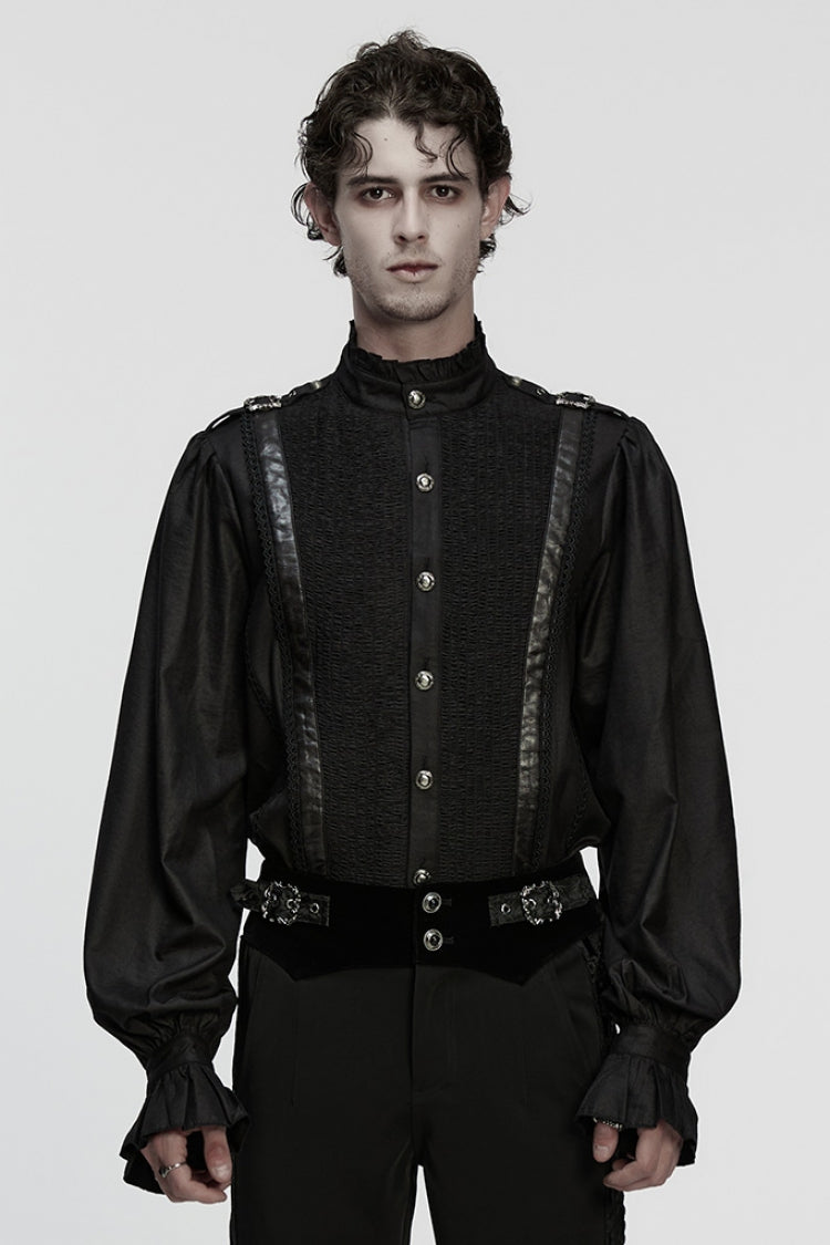 Black Stand Collar Long Puff Sleeves PU Stitching Pleated Men's Gothic Blouse