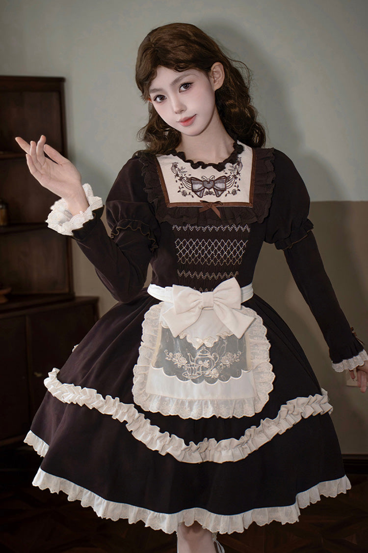Brown [Miss Brown] Long Sleeves Double-Layered Ruffle Bouquet Embroidery Bowknot Sweet Lolita Dress (Short Version)