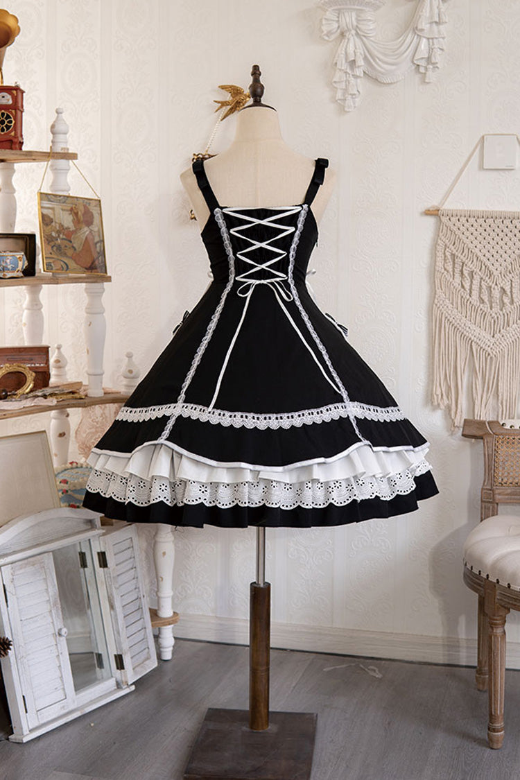 White/Black Cat Print Ruffle Bowknot Maid Sweet Lolita Dress